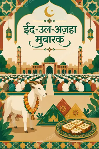 Modern flat vector Eid al-Adha card in warm festive tones showing ईद-उल-अज़हा मुबारक with elegant mosque silhouette.