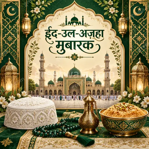 Ornate traditional Eid al-Adha card in rich gold and green with Islamic arches, glowing lanterns, and Hindi greeting ईद-उल-अज़हा मुबारक.