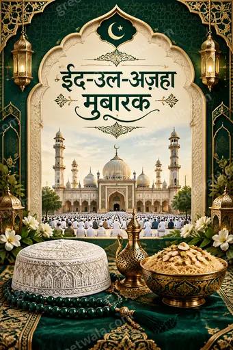 Ornate traditional Hindi Eid al-Adha card displaying 'ईद-उल-अज़हा मुबारक' with golden mosque motifs in warm reverent celebration.