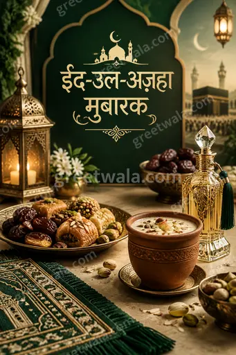 Premium Eid al-Adha card in Hindi displaying ईद-उल-अज़हा मुबारक with elegant crescent, mosque silhouette and festive golden glow.