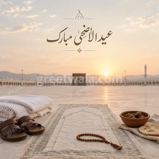 Elegant minimal Eid al-Adha card displaying عید الاضحی مبارک with serene crescent motifs and soft golden tones.
