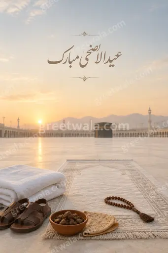 Elegant minimal Eid al-Adha card displaying عید الاضحی مبارک with serene crescent motifs and soft golden tranquil ambiance.
