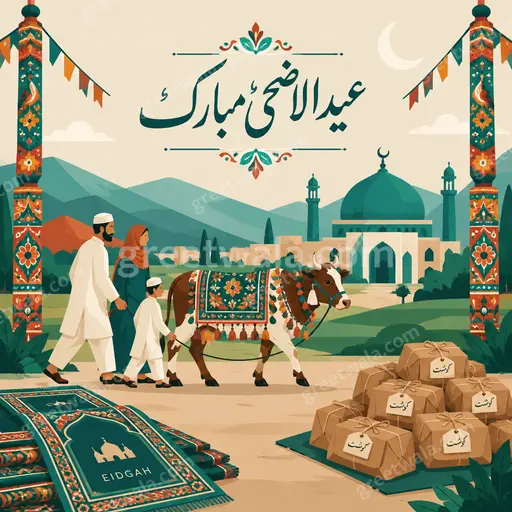 Modern flat vector Eid al-Adha card displaying عید الاضحی مبارک with festive crescent, mosque silhouette, warm joyful tones.