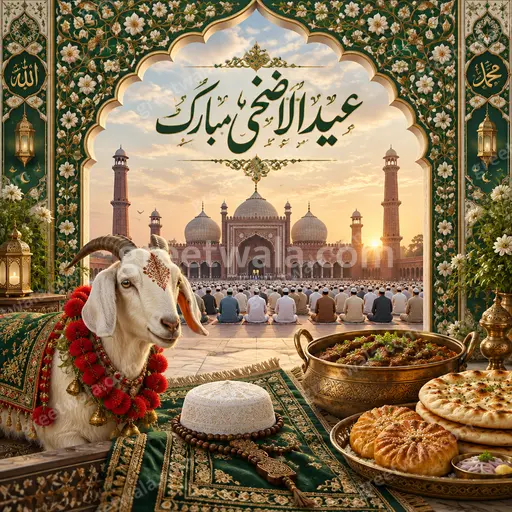 Ornate traditional Eid al-Adha card displaying عید الاضحی مبارک in elegant Urdu calligraphy with festive Islamic patterns and warm glow.