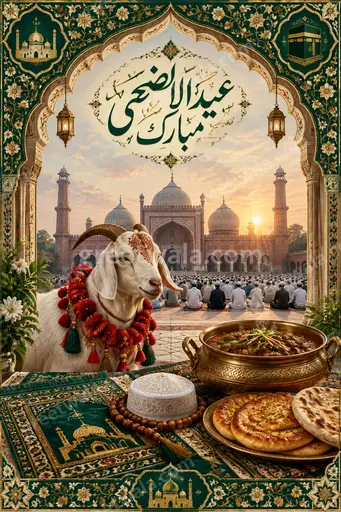 Ornate traditional Eid al-Adha card displaying عید الاضحی مبارک with elegant Islamic patterns in warm festive tones.