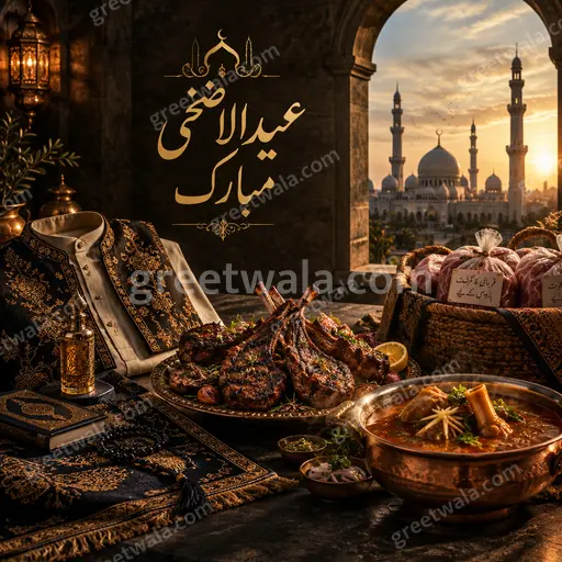Premium Eid al-Adha card showing عید الاضحی مبارک in elegant Urdu calligraphy with crescent, mosque silhouette, and serene golden glow.