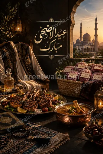 Premium Eid al-Adha card displaying 'عید الاضحی مبارک' with elegant Islamic arches, crescent, warm golden festive glow.