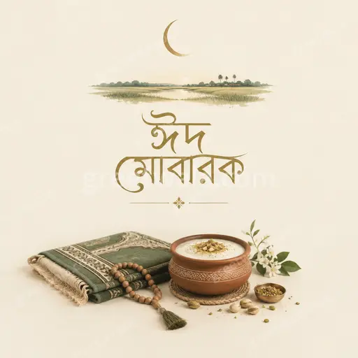 An elegant minimal Eid al-Fitr card with glowing crescent, soft cream tones and graceful Bengali ঈদ মোবারক lettering.