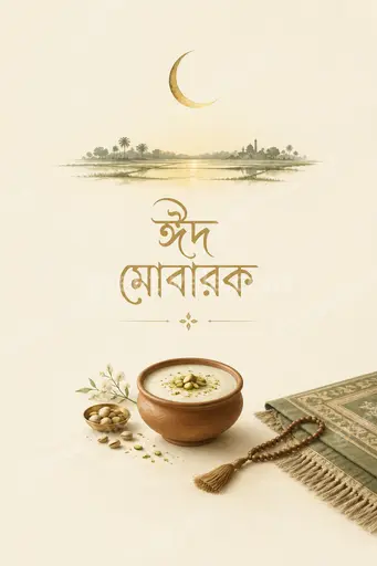 Elegant minimal Eid al-Fitr card displaying ঈদ মোবারক in graceful Bengali calligraphy with soft crescent glow and serene festive warmth.