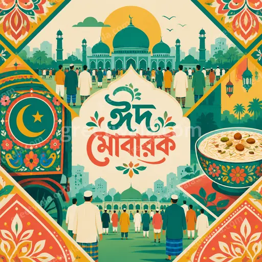 Modern flat vector Eid al-Fitr card with joyful crescent, mosque silhouette, lanterns, and bold ঈদ মোবারক Bengali greeting.