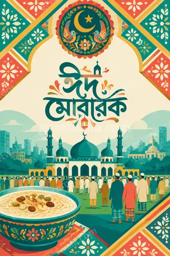 A modern flat vector Eid al-Fitr card glowing with festive warmth showing Bengali ঈদ মোবারক elegantly.