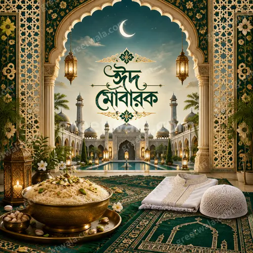Ornate traditional Eid al-Fitr card glowing with festive warmth, featuring elegant Bengali ঈদ মোবারক calligraphy and moonlit decoration.