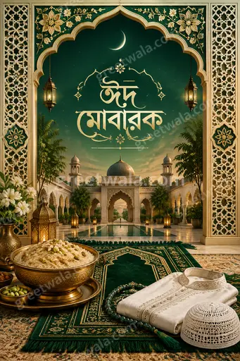 Ornate traditional Eid card displaying ঈদ মোবারক with golden crescent, lanterns, intricate patterns and warm joyful celebration.