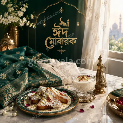 Elegant emerald and gold Eid al-Fitr card displaying ঈদ মোবারক with glowing crescent, mosque silhouette and festive lights.