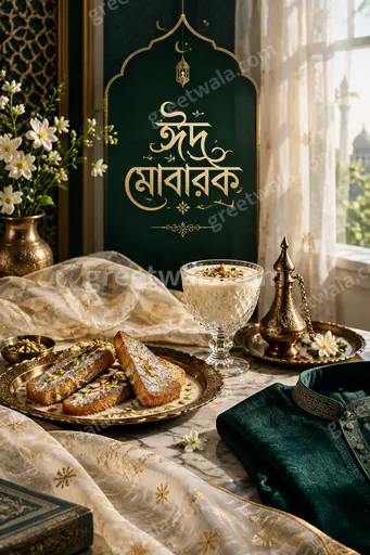 Premium Eid al-Fitr showcase card displaying ঈদ মোবারক in elegant Bengali calligraphy with serene golden festive glow.