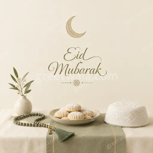 Elegant minimal Eid Mubarak card with serene gold crescent motifs on soft cream background exuding peaceful joy.
