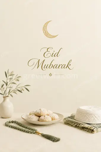 Elegant minimal Eid Mubarak card with serene crescent moon, soft gold accents, and peaceful festive warmth.