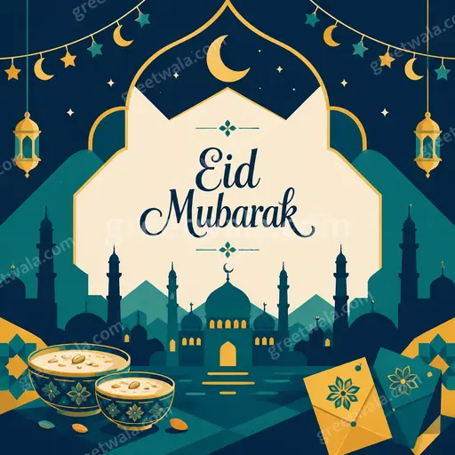 Modern flat vector Eid Mubarak card with elegant mosque silhouette, crescent moon, and festive warm golden tones.