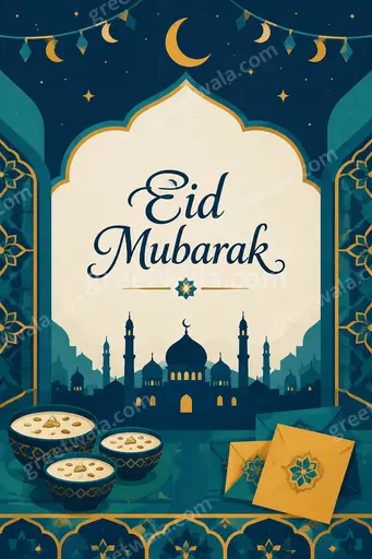 Modern flat vector Eid Mubarak card with crescent moon, mosque silhouette, warm gold and joyful festive glow.