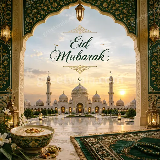 Ornate traditional Eid Mubarak card with golden mosque motifs, crescent moon, and elegant festive Islamic patterns.