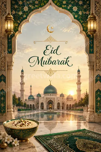 Ornate traditional Eid Mubarak card with golden mosque silhouette, crescent moon, and festive emerald elegant joyful atmosphere.