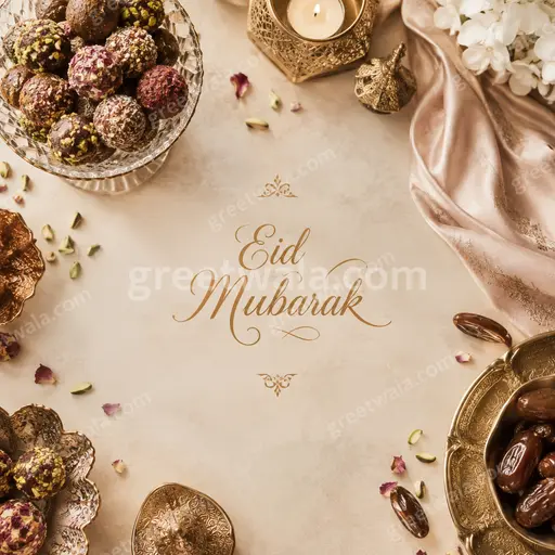 Elegant midnight-blue Eid Mubarak card with golden crescent, lanterns, mosque silhouette, and luxurious festive glow.
