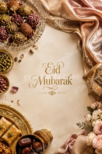 Elegant midnight-blue Eid Mubarak card with golden crescent, mosque silhouette, and sparkling festive lights.