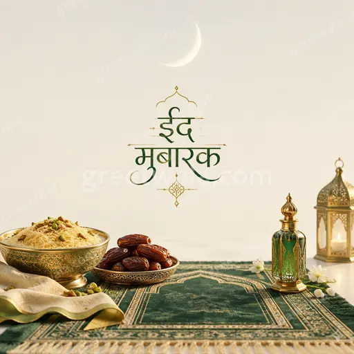 Elegant minimal Eid al-Fitr card in soft gold and cream displaying ईद मुबारक with serene festive grace.