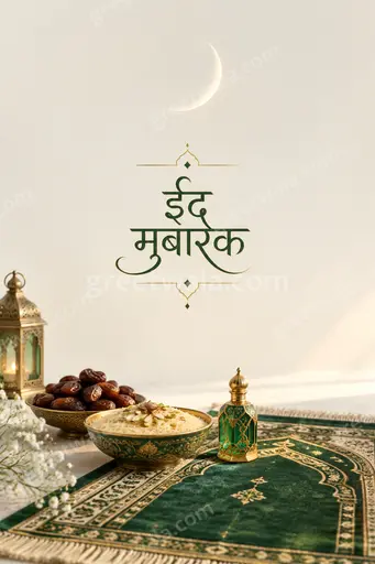 Elegant minimal Eid al Fitr card in gold and cream with crescent motif displaying ईद मुबारक in graceful Hindi calligraphy.