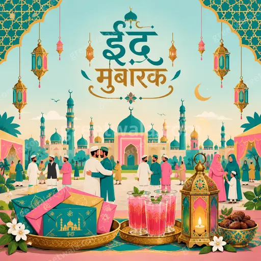 Modern flat vector Eid al-Fitr card displaying ईद मुबारक with crescent moon, mosque silhouette, warm festive joyful mood.
