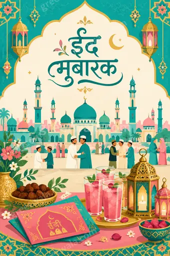 A cheerful modern flat vector Eid card glowing with festive lights and elegant crescent motifs celebrating ईद मुबारक warmly.