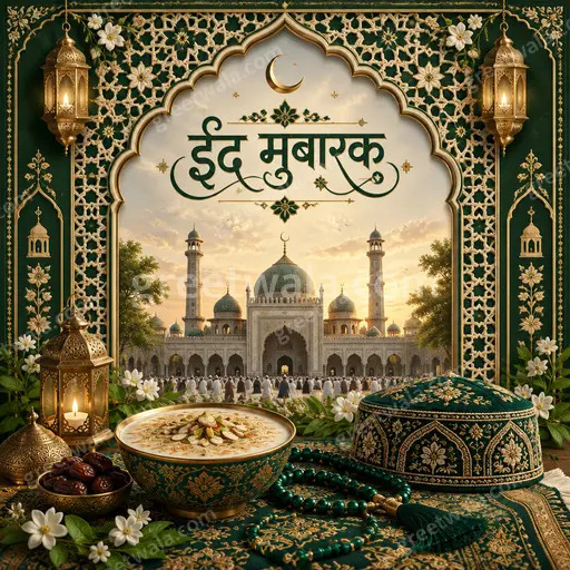 Ornate traditional Eid al-Fitr card displaying ईद मुबारक in elegant Hindi calligraphy with glowing crescent, lanterns and festive warmth.