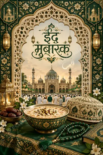 Ornate traditional Eid al-Fitr card glowing with golden crescents, intricate patterns, and warm festive joy wishing ईद मुबारक.