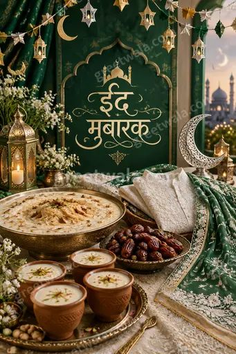 Opulent midnight-blue Eid card featuring glowing 'ईद मुबारक' calligraphy, golden mosque, crescent moon, and festive elegant warmth.