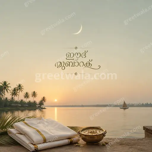 Elegant minimal Eid al-Fitr card displaying ഈദ് മുബാറക് with soft crescent motifs in calm golden tones.
