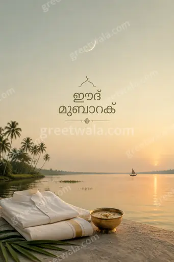 Elegant minimal Eid al-Fitr card in Malayalam displaying ഈദ് മുബാറക് with serene crescent motifs and soft golden tones.
