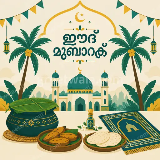 A cheerful modern flat-vector Eid al-Fitr card with glowing lanterns, crescent moon and Malayalam Eid Mubarak greeting.