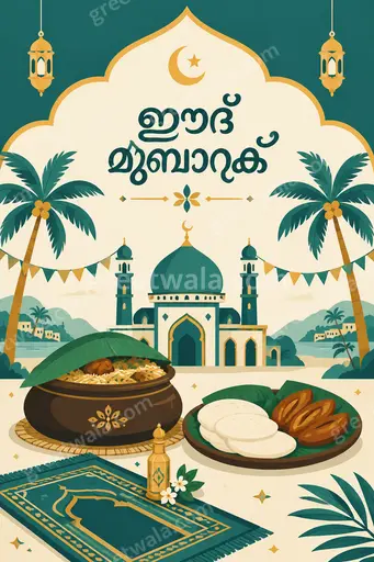 Modern flat vector Eid al-Fitr card with festive crescent, mosque silhouette and warm joyful tones displaying ഈദ് മുബാറക്.
