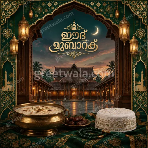 Ornate traditional Eid al-Fitr card featuring Malayalam Eid Mubarak calligraphy, golden mosque, crescent, warm festive reverent glow.