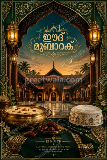 Ornate traditional Eid al-Fitr card displaying ഈദ് മുബാറക് in elegant gold calligraphy amid crescent motifs and warm festive glow.