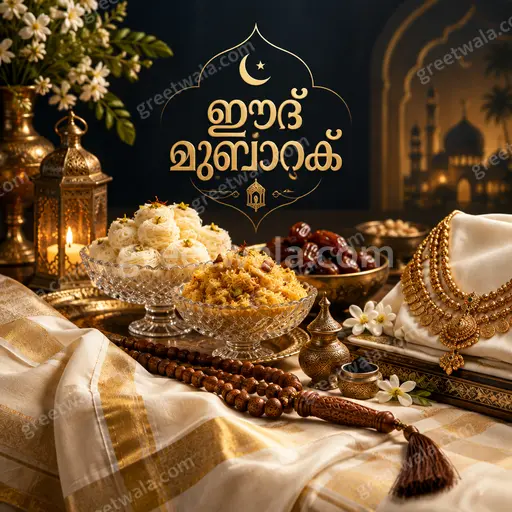 Elegant emerald and gold Eid al-Fitr card displaying ഈദ് മുബാറക് with crescent, mosque silhouette and radiant festive glow.