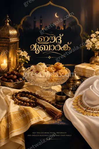 Premium Eid al-Fitr card displaying ഈദ് മുബാറക് in elegant Malayalam calligraphy amid moonlit mosque, golden lanterns and serene festive glow.
