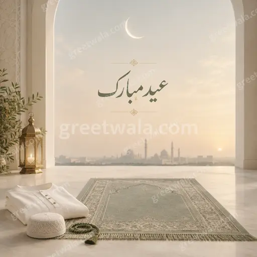 Elegant minimal Eid al-Fitr card displaying عید مبارک in graceful Urdu calligraphy with soft gold crescent and serene cream background.