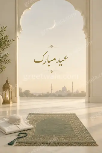 Elegant minimal Eid al-Fitr card featuring عید مبارک in graceful Urdu calligraphy with soft crescent and serene golden tones.