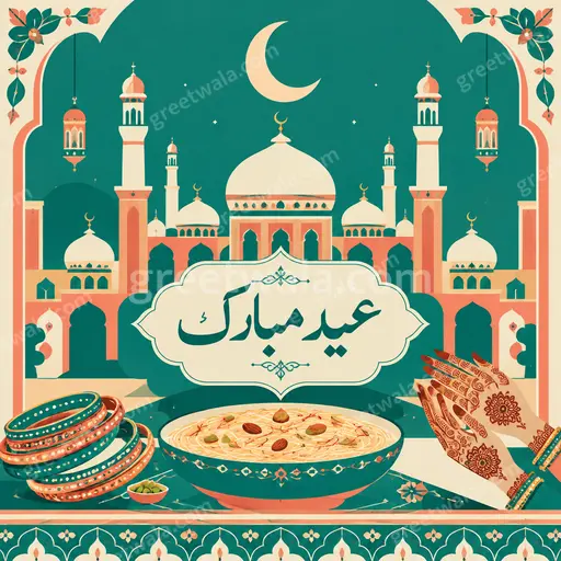 Modern flat vector Eid al-Fitr card displaying عید مبارک with elegant crescent, lanterns, and joyful festive warmth.