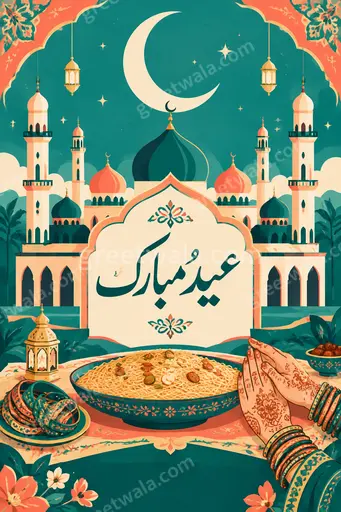 Modern flat vector Eid al-Fitr card displaying عید مبارک with elegant crescent, mosque silhouette, and joyful festive green gold tones.