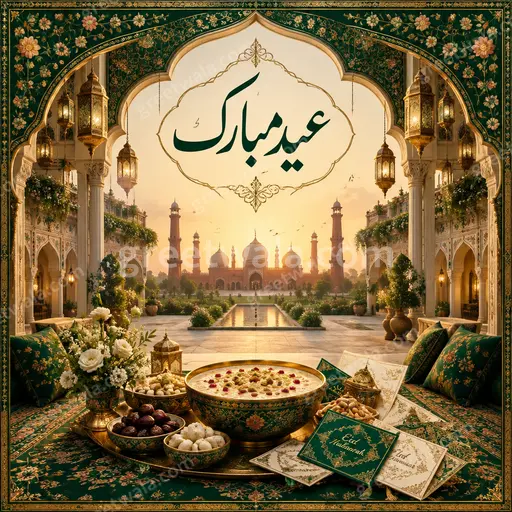 Ornate traditional Eid al-Fitr card displaying عید مبارک in elegant gold Urdu calligraphy on deep festive background.