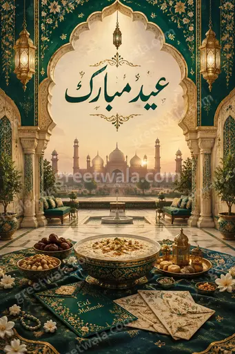 Ornate traditional Eid al-Fitr card displaying عید مبارک in elegant Urdu calligraphy with festive Islamic patterns and warm golden glow.