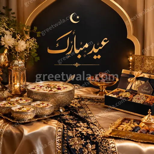 Elegant midnight-blue Eid card glowing with golden crescent, lanterns, and عید مبارک calligraphy in luxurious festive serenity.