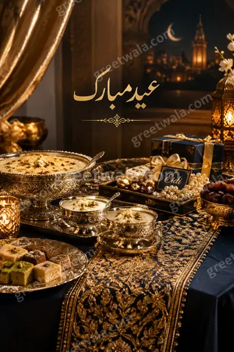 Elegant emerald and gold Eid al-Fitr card displaying عید مبارک with glowing crescent, mosque silhouette, and festive lights.